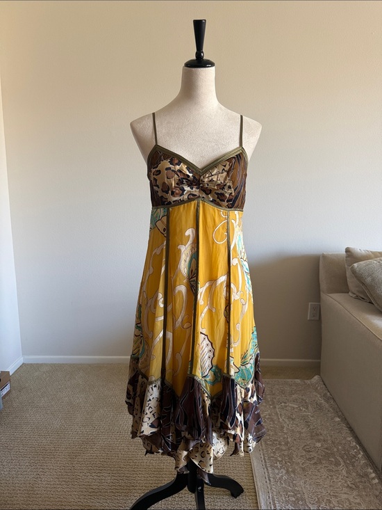 Sue Wong Dresses & Skirts - Sue Wong Mustard Yellow and Brown Floral Silk Slip Dress